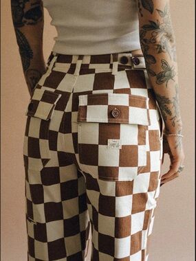 Checkerboard Straight Leg Cargo Pants - Brown & Cream